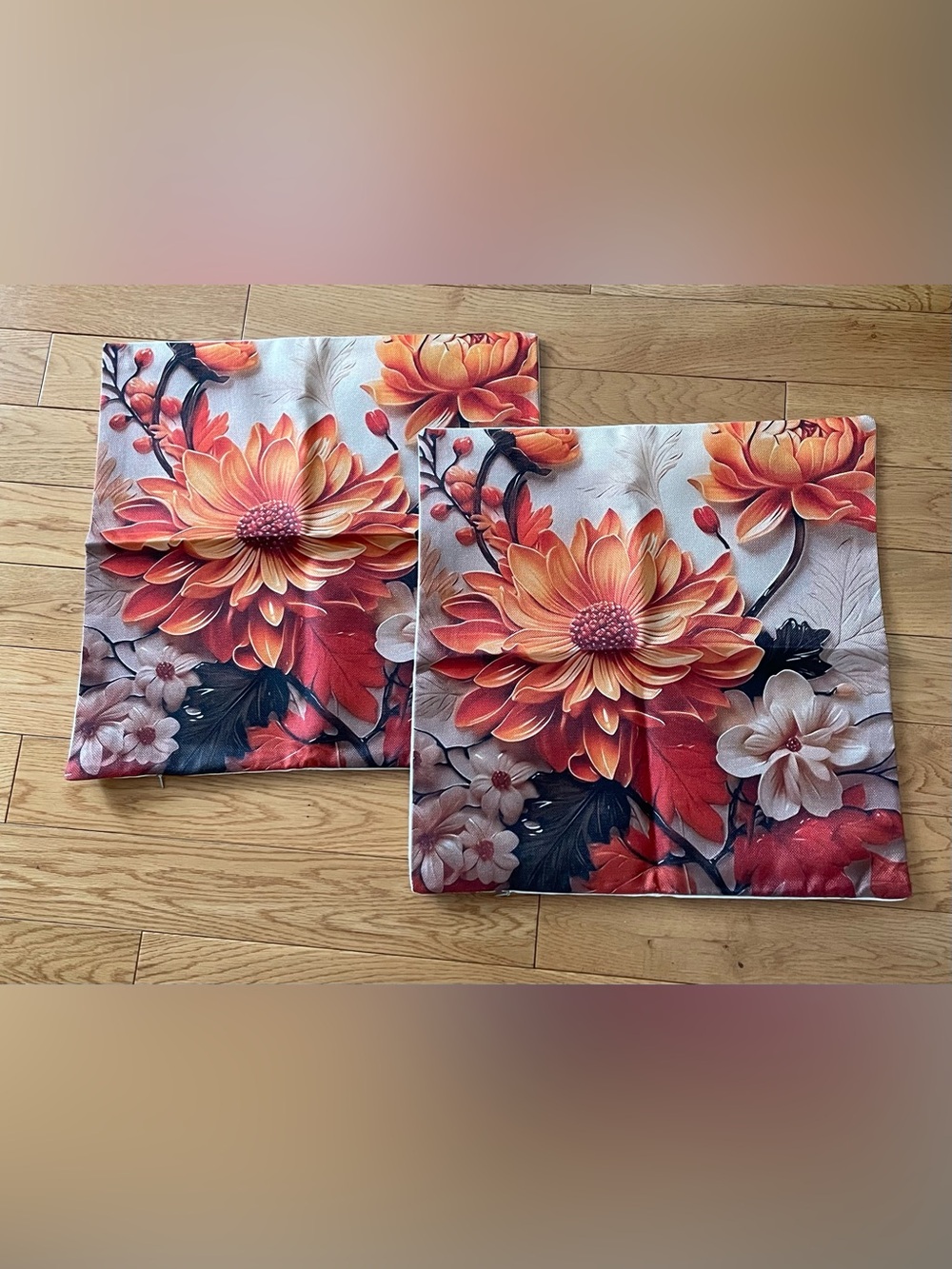 Linen Floral Decorative Throw Pillow Covers in Orange & Cream